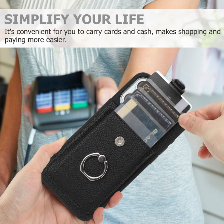 For iPhone 15 Pro Max Litchi Texture Drawing Card Bag Ring Holder Phone Case