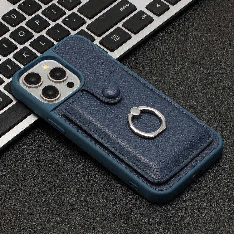 For iPhone 15 Pro Litchi Texture Drawing Card Bag Ring Holder Phone Case
