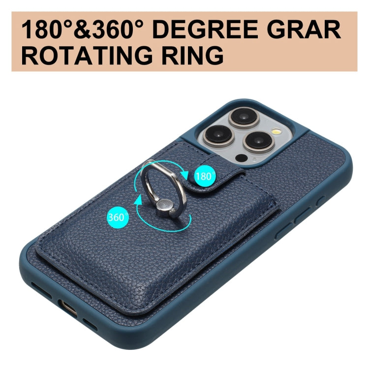 For iPhone 15 Pro Litchi Texture Drawing Card Bag Ring Holder Phone Case