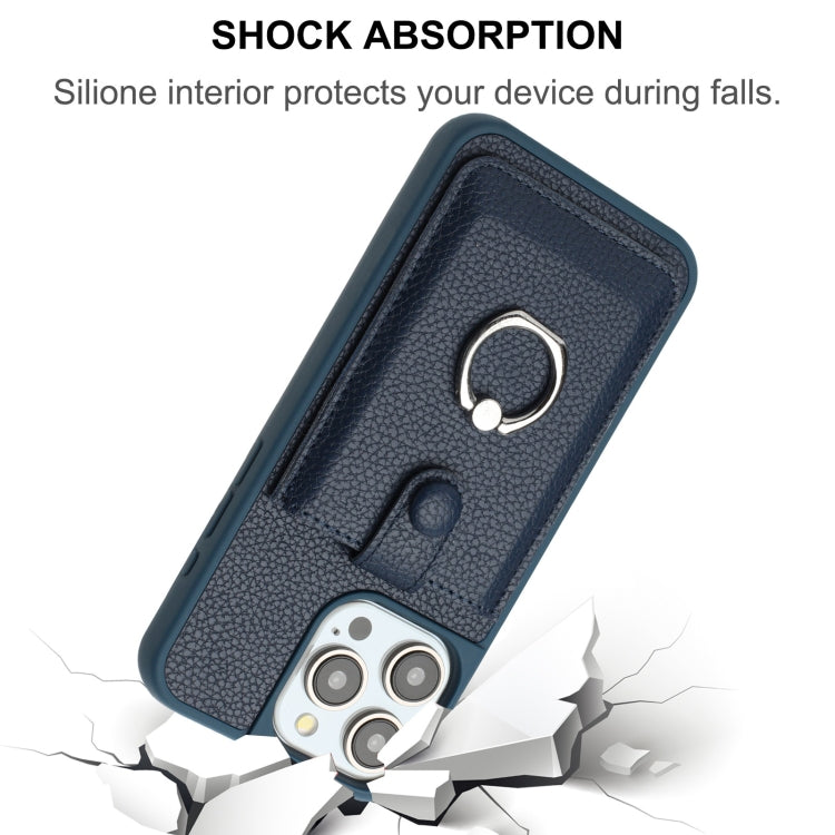 For iPhone 15 Pro Litchi Texture Drawing Card Bag Ring Holder Phone Case
