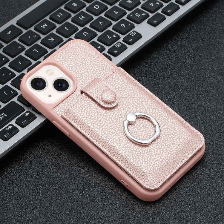 For iPhone 15 Litchi Texture Drawing Card Bag Ring Holder Phone Case