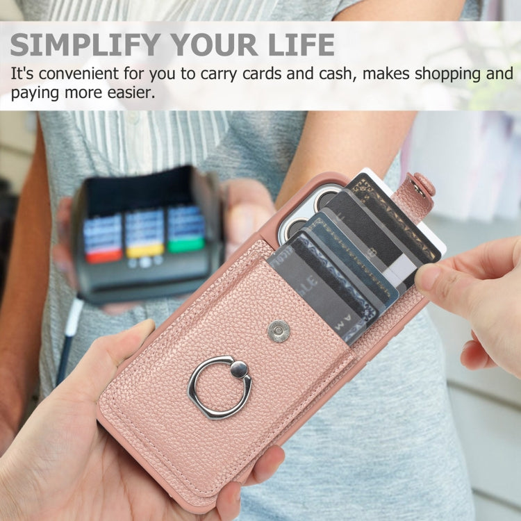 For iPhone 15 Litchi Texture Drawing Card Bag Ring Holder Phone Case