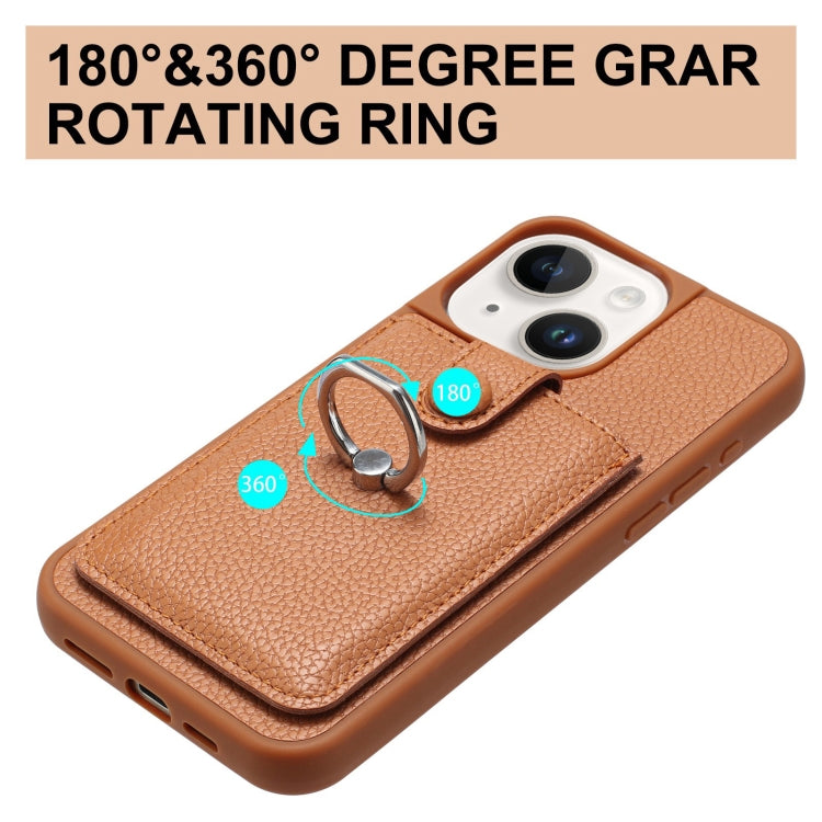 For iPhone 15 Litchi Texture Drawing Card Bag Ring Holder Phone Case