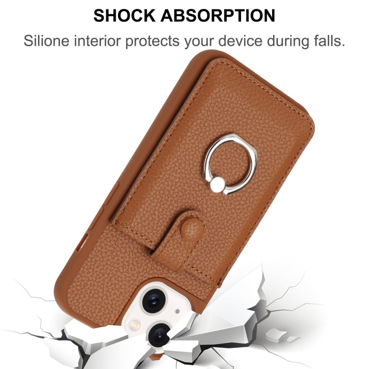 For iPhone 15 Litchi Texture Drawing Card Bag Ring Holder Phone Case