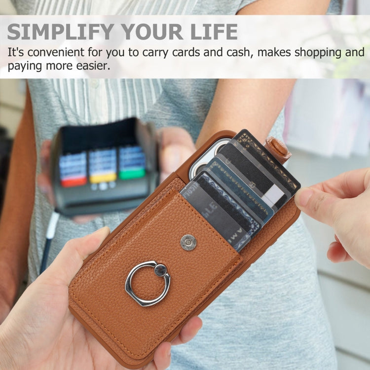 For iPhone 15 Litchi Texture Drawing Card Bag Ring Holder Phone Case