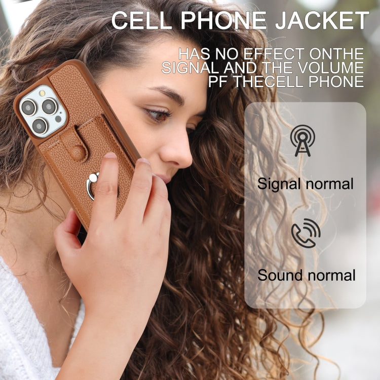 For iPhone 15 Litchi Texture Drawing Card Bag Ring Holder Phone Case