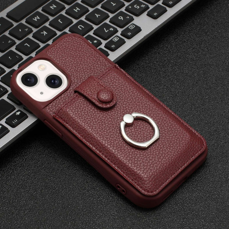 For iPhone 15 Litchi Texture Drawing Card Bag Ring Holder Phone Case