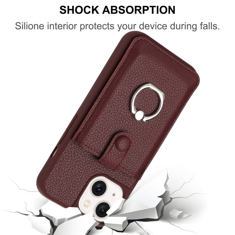 For iPhone 15 Litchi Texture Drawing Card Bag Ring Holder Phone Case