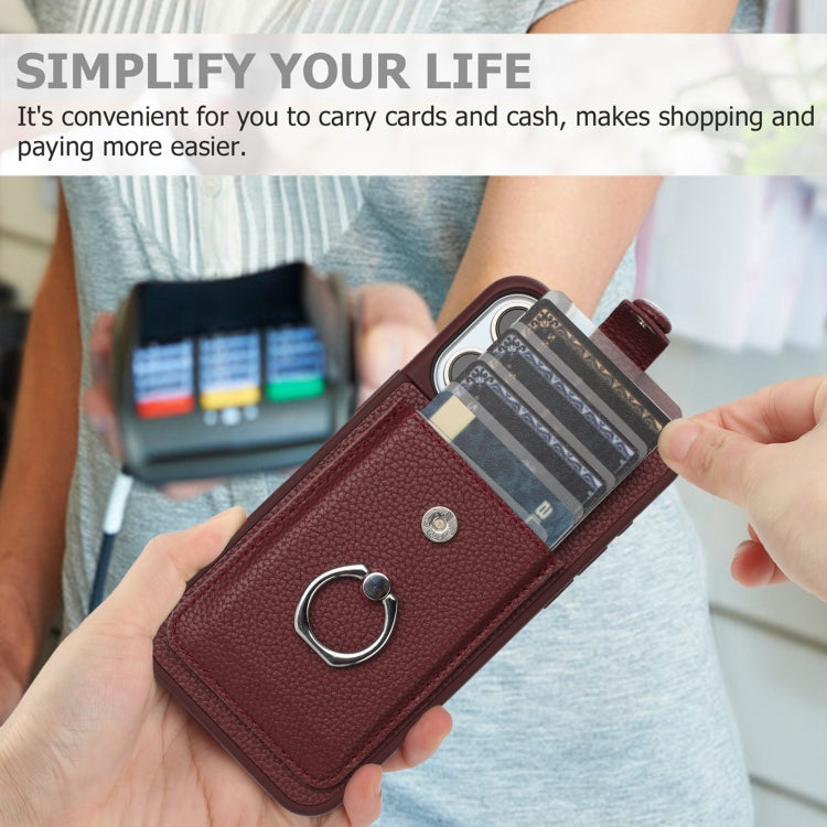 For iPhone 15 Litchi Texture Drawing Card Bag Ring Holder Phone Case