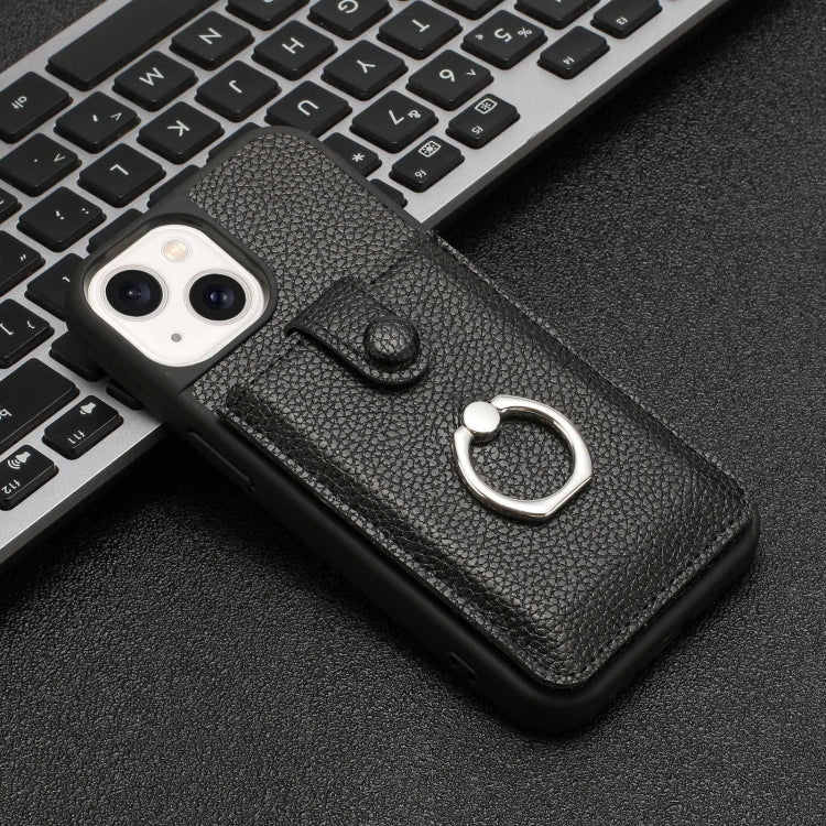 For iPhone 15 Litchi Texture Drawing Card Bag Ring Holder Phone Case