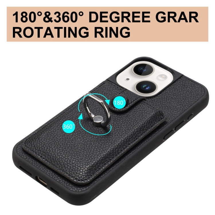 For iPhone 15 Litchi Texture Drawing Card Bag Ring Holder Phone Case