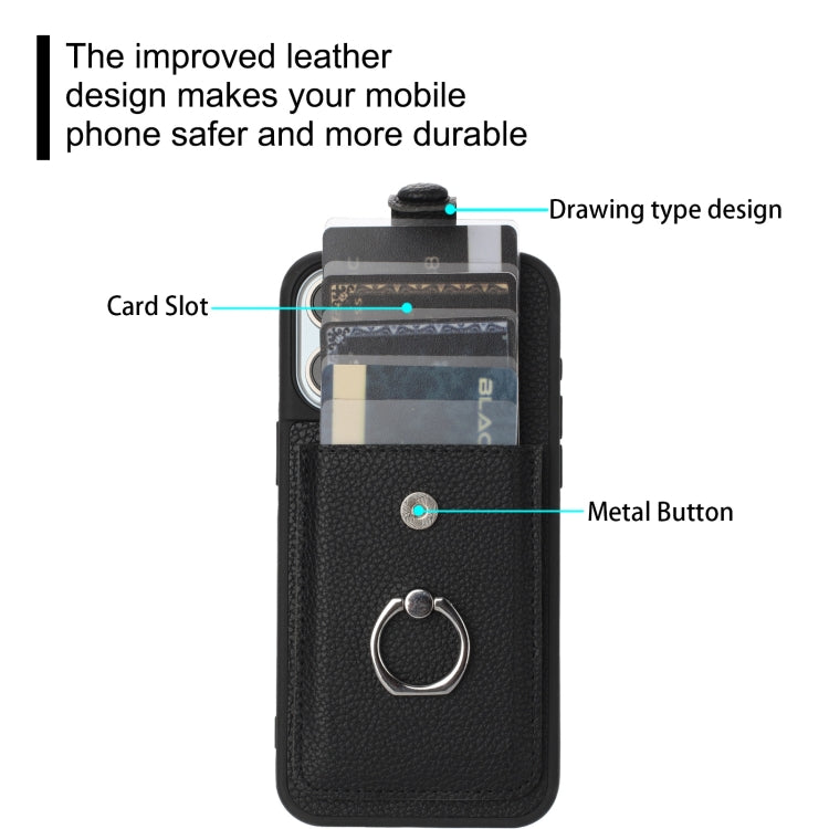 For iPhone 15 Litchi Texture Drawing Card Bag Ring Holder Phone Case