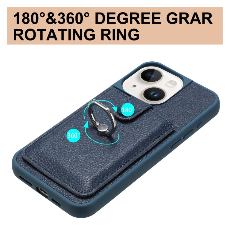 For iPhone 15 Litchi Texture Drawing Card Bag Ring Holder Phone Case