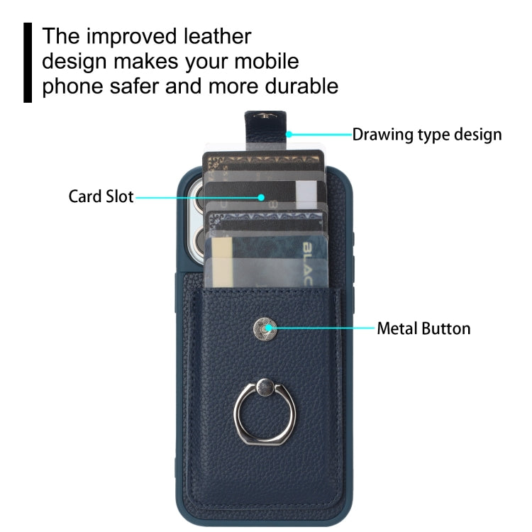For iPhone 15 Litchi Texture Drawing Card Bag Ring Holder Phone Case