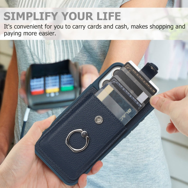 For iPhone 15 Litchi Texture Drawing Card Bag Ring Holder Phone Case