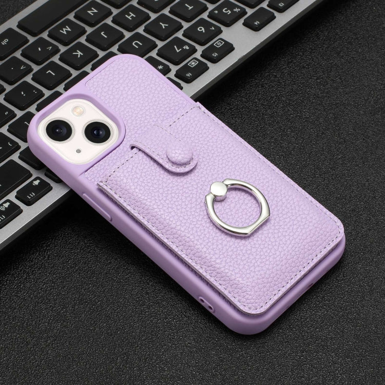 For iPhone 15 Litchi Texture Drawing Card Bag Ring Holder Phone Case