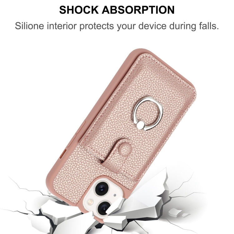 For iPhone 14 / 13 Litchi Texture Drawing Card Bag Ring Holder Phone Case