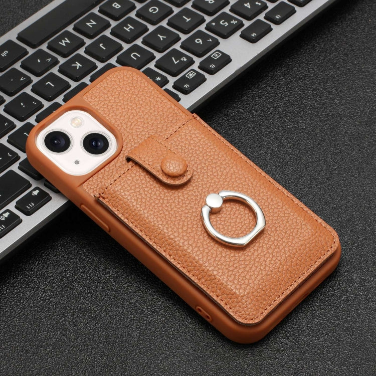 For iPhone 14 / 13 Litchi Texture Drawing Card Bag Ring Holder Phone Case