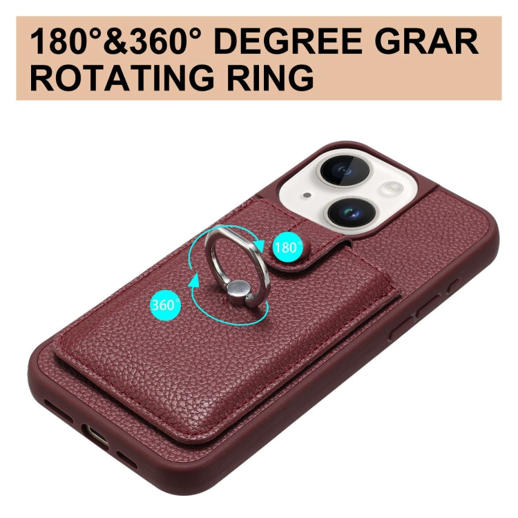For iPhone 14 / 13 Litchi Texture Drawing Card Bag Ring Holder Phone Case