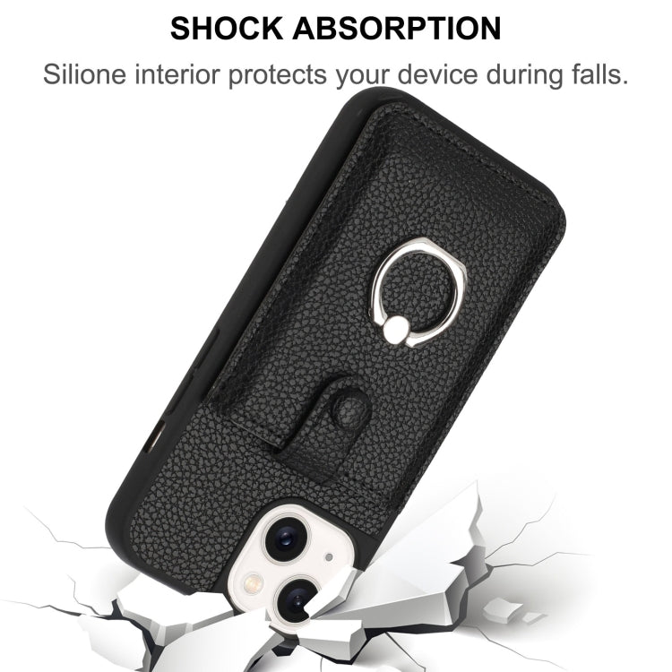 For iPhone 14 / 13 Litchi Texture Drawing Card Bag Ring Holder Phone Case