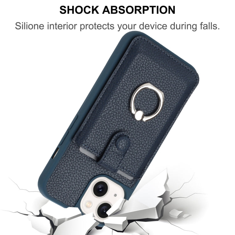 For iPhone 14 / 13 Litchi Texture Drawing Card Bag Ring Holder Phone Case