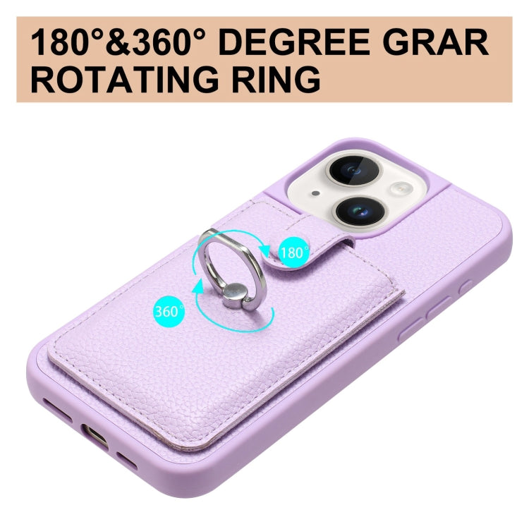 For iPhone 14 / 13 Litchi Texture Drawing Card Bag Ring Holder Phone Case
