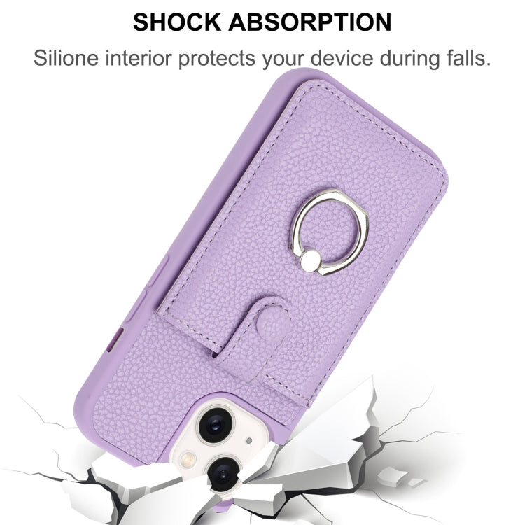 For iPhone 14 / 13 Litchi Texture Drawing Card Bag Ring Holder Phone Case