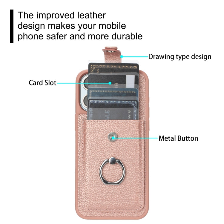 For iPhone 14 Pro Max Litchi Texture Drawing Card Bag Ring Holder Phone Case