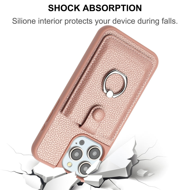 For iPhone 14 Pro Max Litchi Texture Drawing Card Bag Ring Holder Phone Case