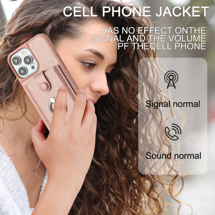 For iPhone 14 Pro Max Litchi Texture Drawing Card Bag Ring Holder Phone Case