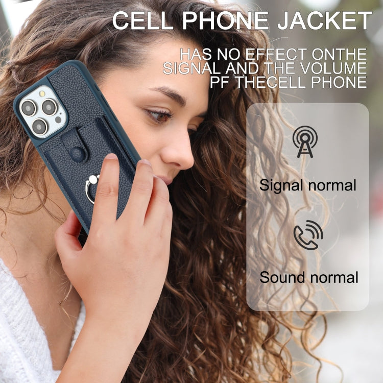 For iPhone 14 Pro Max Litchi Texture Drawing Card Bag Ring Holder Phone Case