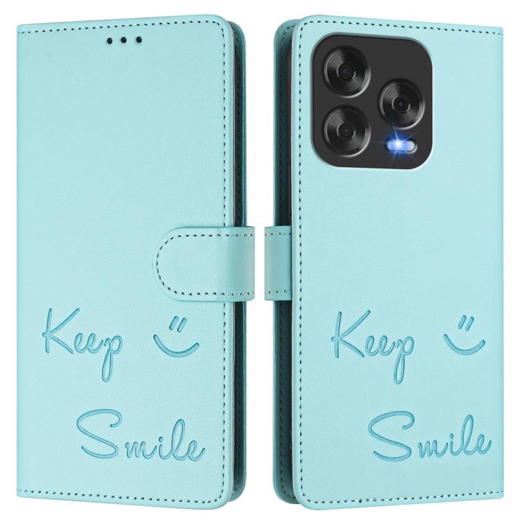 For ZTE Blade V70 Design Smile Embossing RFID Leather Phone Case