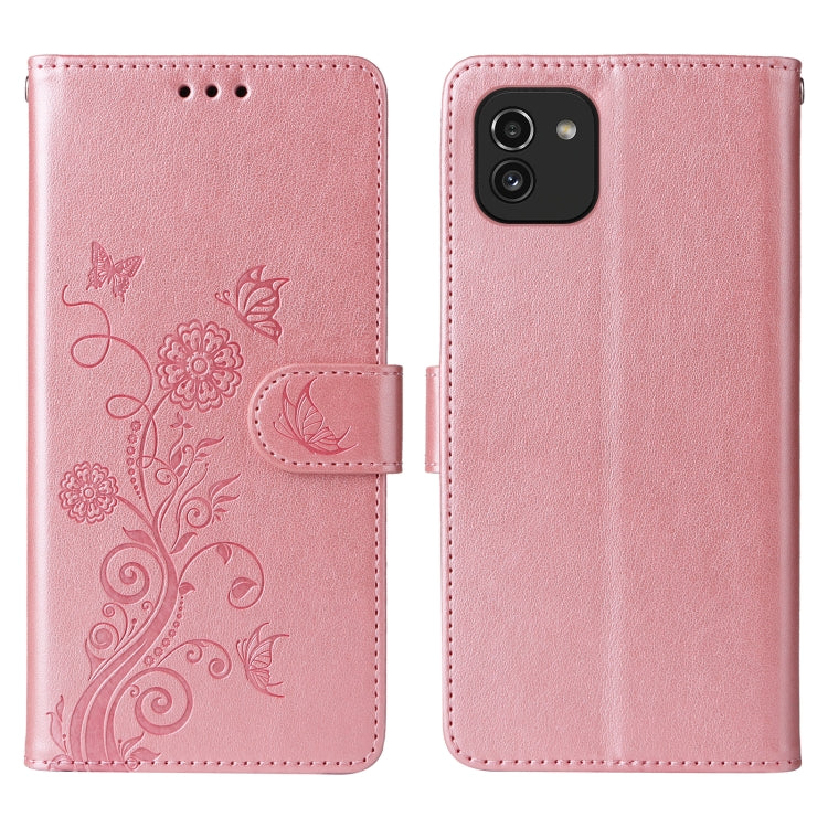 For Galaxy A03 166mm EU Embossed Butterfly Flowers Leather Phone Case