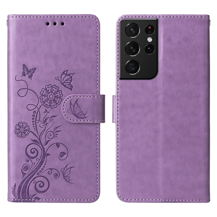 For Galaxy S21 Ultra 5G Embossed Butterfly Flowers Leather Phone Case