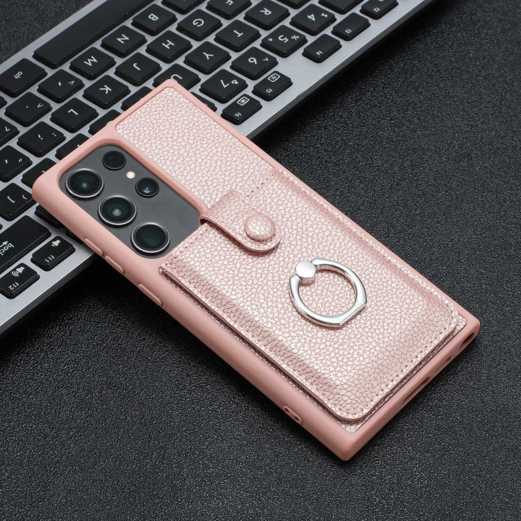 For Samsung Galaxy S22 Ultra 5G Litchi Texture Drawing Card Bag Ring Holder Phone Case