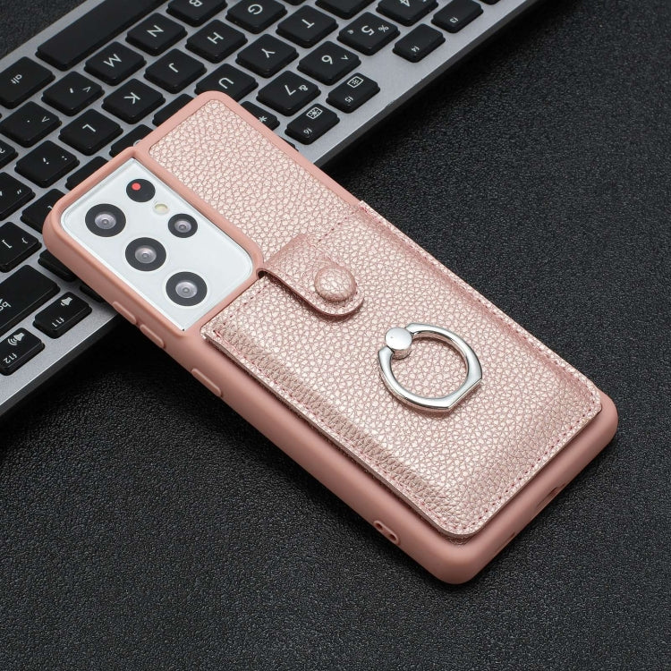 For Samsung Galaxy S21 Ultra 5G Litchi Texture Drawing Card Bag Ring Holder Phone Case