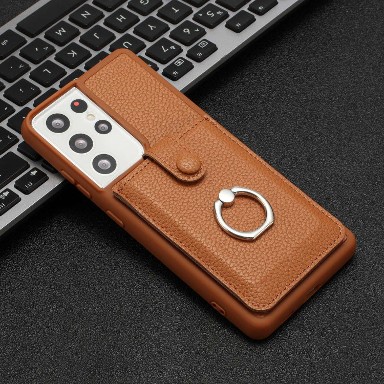 For Samsung Galaxy S21 Ultra 5G Litchi Texture Drawing Card Bag Ring Holder Phone Case