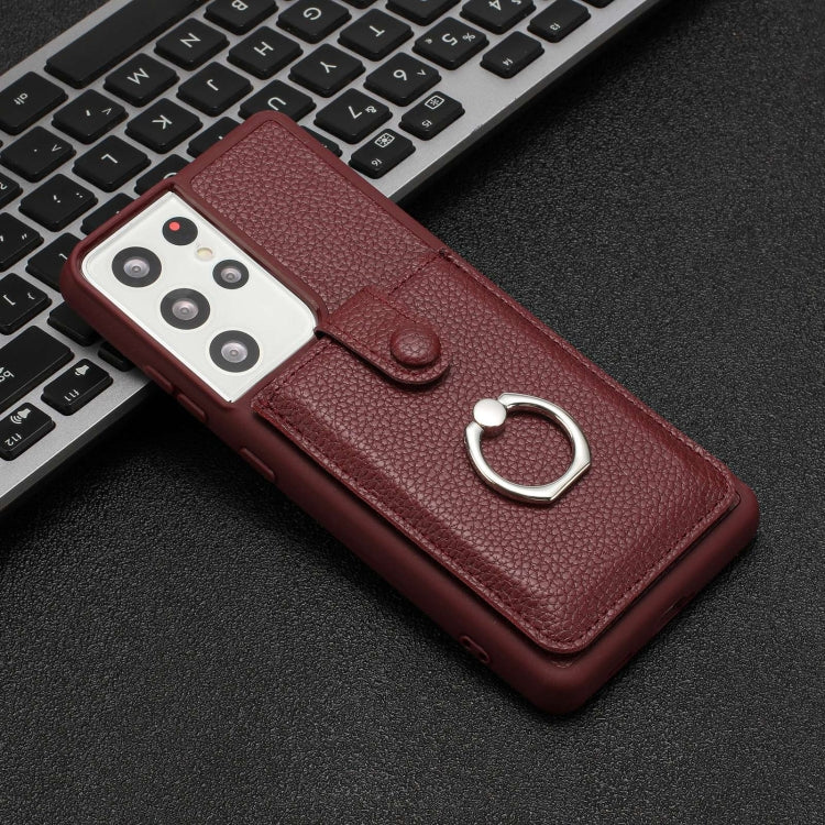 For Samsung Galaxy S21 Ultra 5G Litchi Texture Drawing Card Bag Ring Holder Phone Case