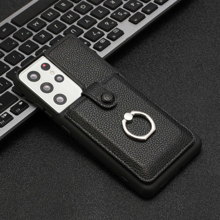 For Samsung Galaxy S21 Ultra 5G Litchi Texture Drawing Card Bag Ring Holder Phone Case