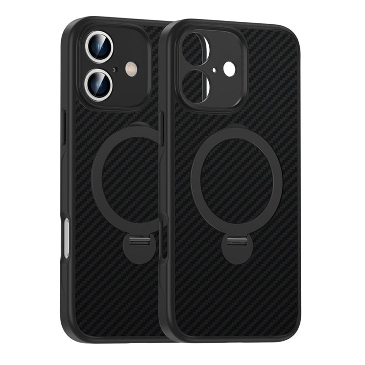 For iPhone 16 Carbon Fiber MagSafe 360 Degree Rotating Holder Phone Case - Black