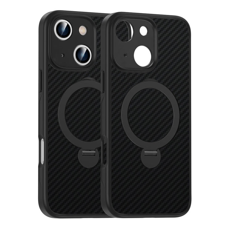 For iPhone 14 Plus Carbon Fiber MagSafe 360 Degree Rotating Holder Phone Case - Black