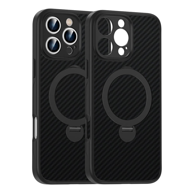 For iPhone 14 Pro Carbon Fiber MagSafe 360 Degree Rotating Holder Phone Case - Black