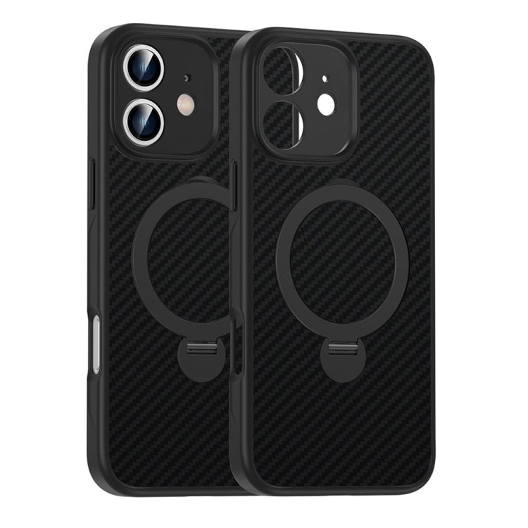 For iPhone 11 Carbon Fiber MagSafe 360 Degree Rotating Holder Phone Case - Black