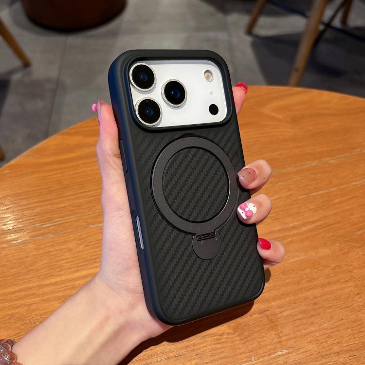 For iPhone 17 Pro Max Carbon Fiber MagSafe 360 Degree Rotating Holder Phone Case - Black