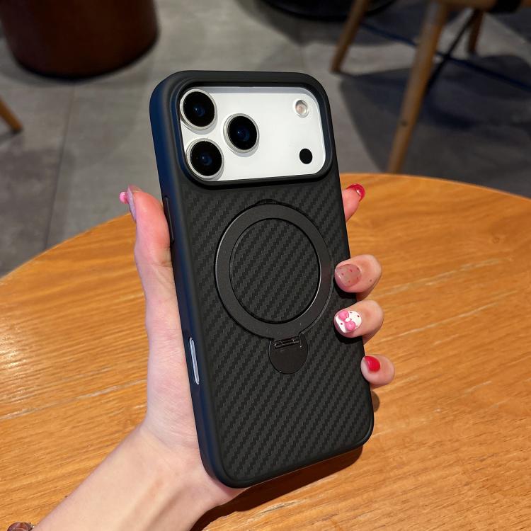 For iPhone 17 Pro Carbon Fiber MagSafe 360 Degree Rotating Holder Phone Case - Black