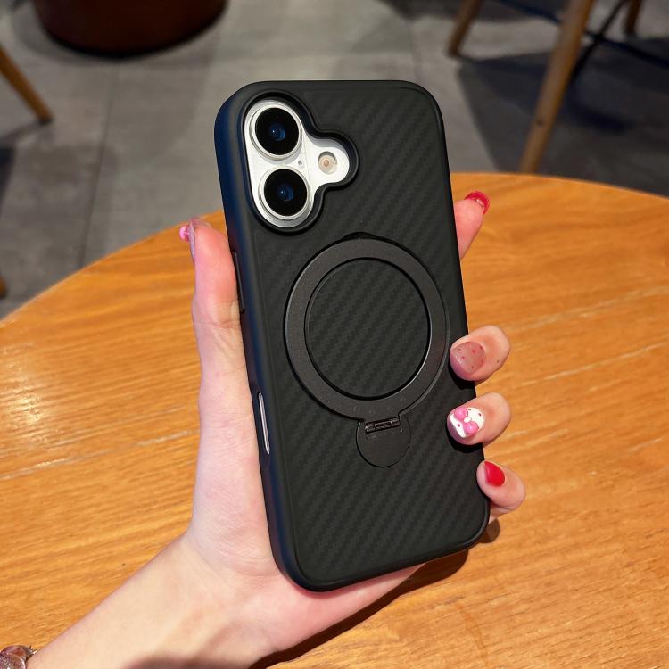 For iPhone 17 Carbon Fiber MagSafe 360 Degree Rotating Holder Phone Case - Black