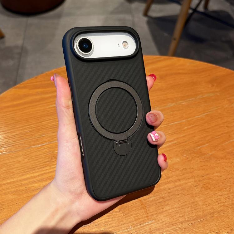 For iPhone Air Carbon Fiber MagSafe 360 Degree Rotating Holder Phone Case - Black