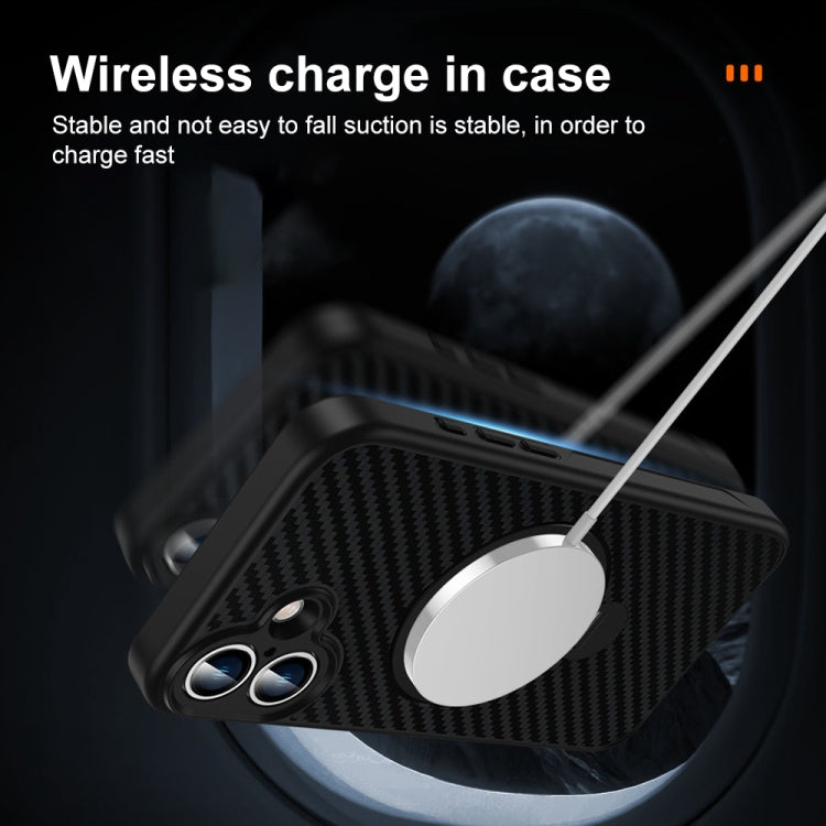 For iPhone 16 Carbon Fiber MagSafe 360 Degree Rotating Holder Phone Case - Black