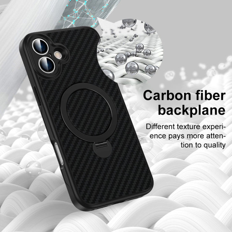 For iPhone 14 Carbon Fiber MagSafe 360 Degree Rotating Holder Phone Case - Black