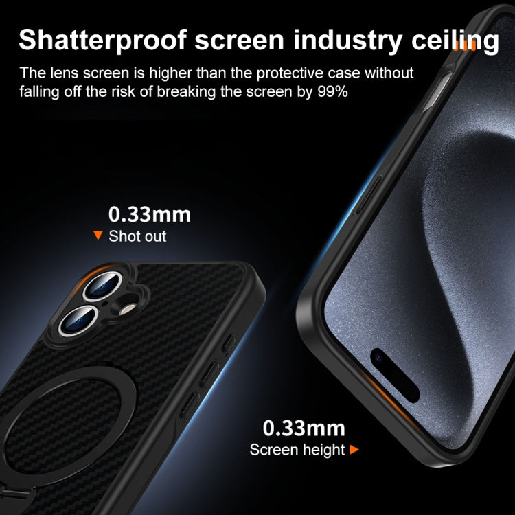 For iPhone 16 Carbon Fiber MagSafe 360 Degree Rotating Holder Phone Case - Black